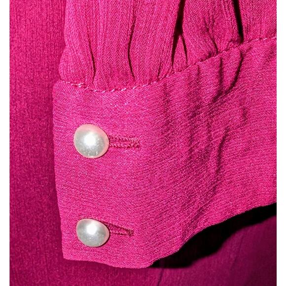 WAYF High Neck Modest Tie Neck Pearl Button Sleeve Lined Blouse Magenta Sz M - Picture 3 of 6